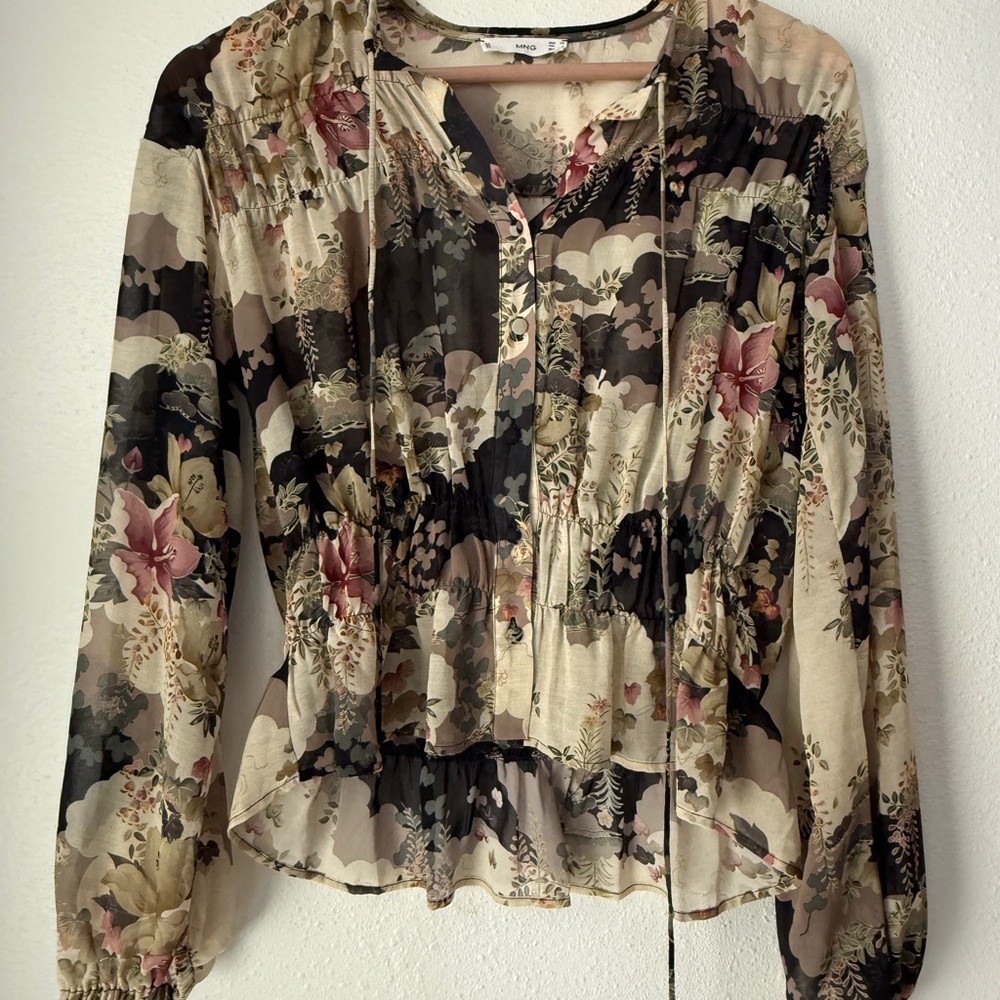 MNG Mango Womens Micro Floral Print Long Sleeve Blouse Size XS Y2K
